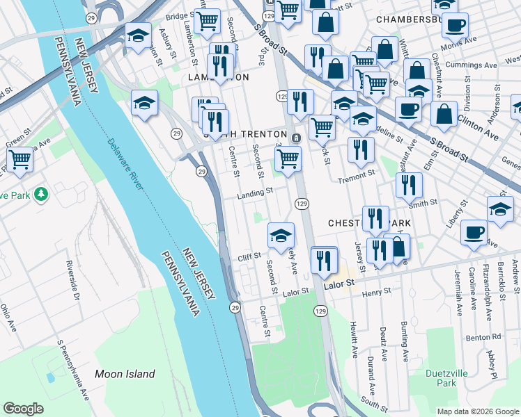 map of restaurants, bars, coffee shops, grocery stores, and more near 646 Centre Street in Trenton