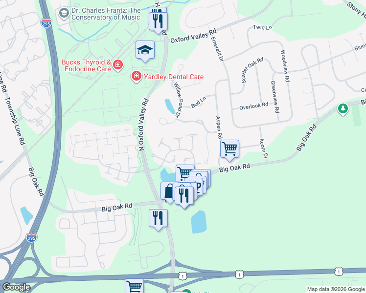 map of restaurants, bars, coffee shops, grocery stores, and more near 1620 Spring Mill Court in Yardley