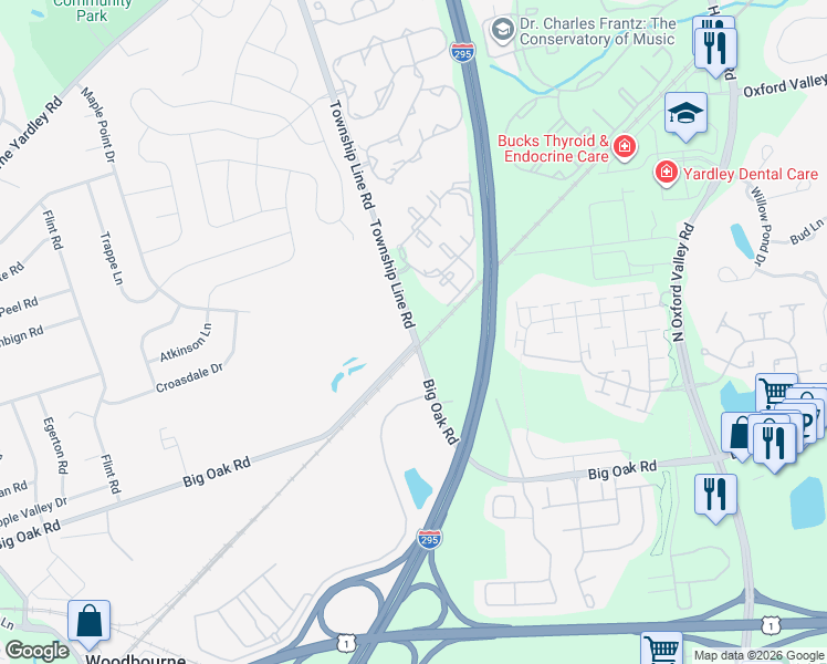 map of restaurants, bars, coffee shops, grocery stores, and more near 2292-2398 Big Oak Rd in Langhorne