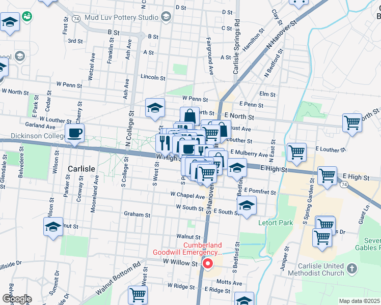 map of restaurants, bars, coffee shops, grocery stores, and more near 56 West High Street in Carlisle