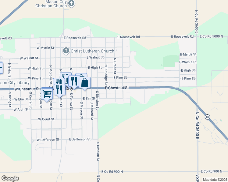 map of restaurants, bars, coffee shops, grocery stores, and more near 600-698 East Elm Street in Mason City