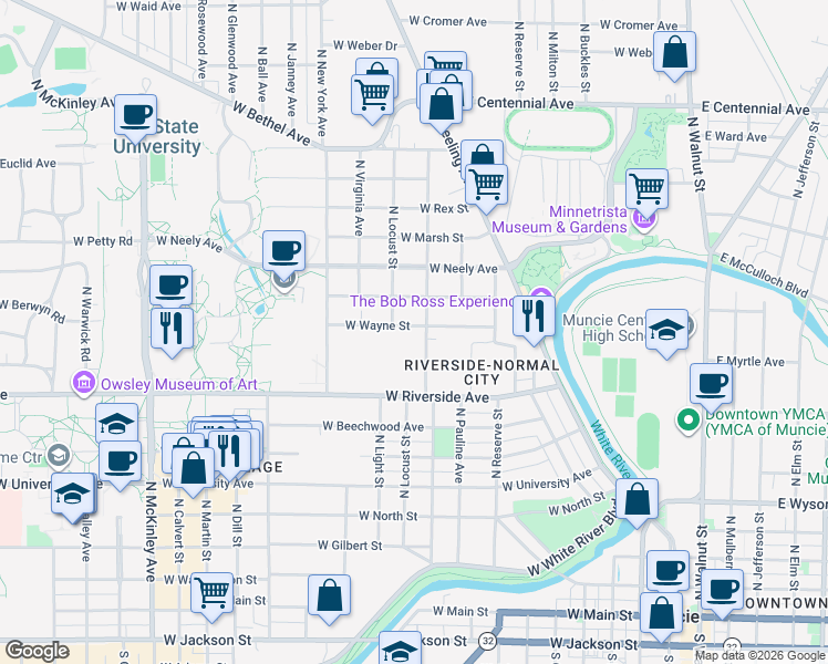 map of restaurants, bars, coffee shops, grocery stores, and more near 909 North Linden Street in Muncie