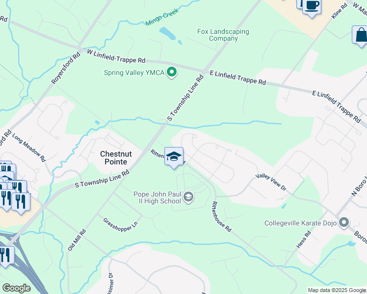 map of restaurants, bars, coffee shops, grocery stores, and more near 273 Fairfield Circle West in Royersford