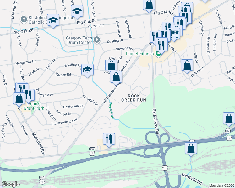 map of restaurants, bars, coffee shops, grocery stores, and more near 937 West Trenton Avenue in Morrisville