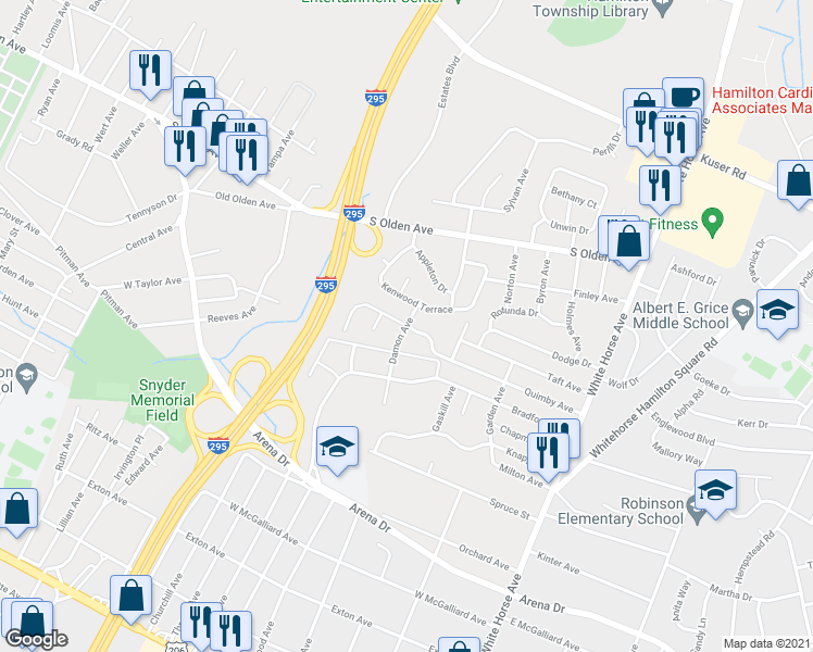 map of restaurants, bars, coffee shops, grocery stores, and more near Quimby Ave & Damon Ave in Hamilton Township