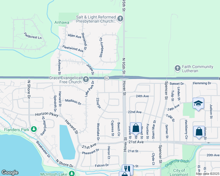 map of restaurants, bars, coffee shops, grocery stores, and more near 2501 24th Avenue in Longmont