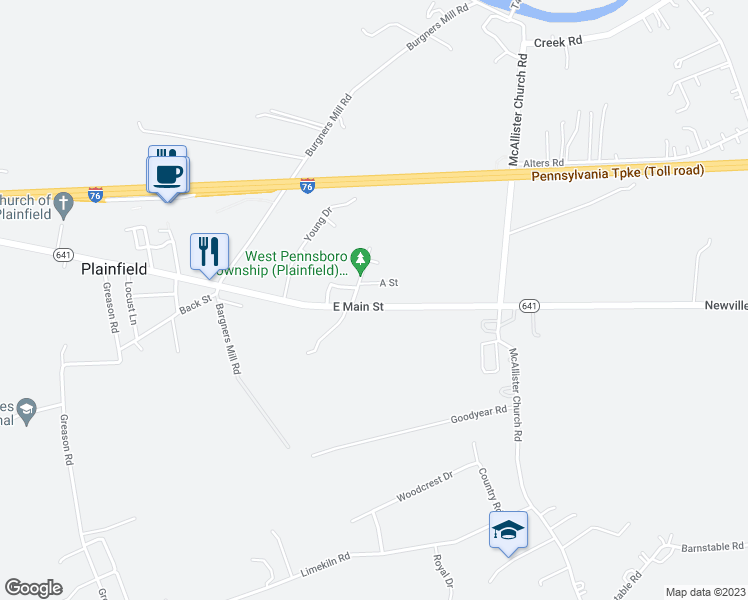 map of restaurants, bars, coffee shops, grocery stores, and more near 105 East Main Street in Carlisle