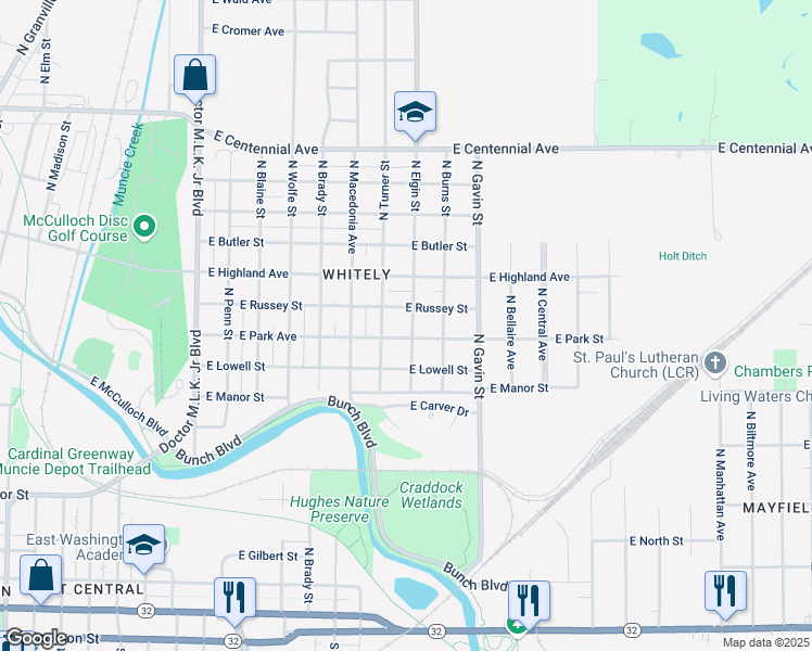 map of restaurants, bars, coffee shops, grocery stores, and more near 1007 North Elgin Street in Muncie