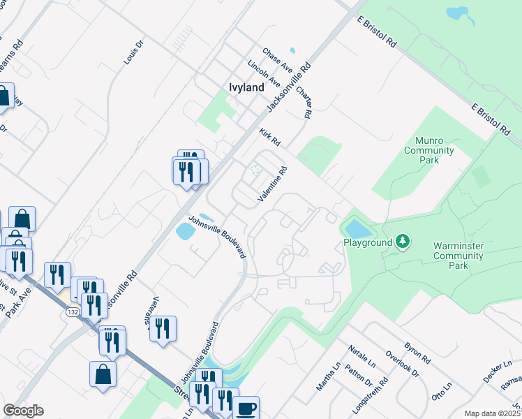 map of restaurants, bars, coffee shops, grocery stores, and more near 31 Valentine Road in Ivyland