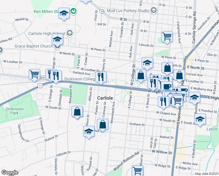 map of restaurants, bars, coffee shops, grocery stores, and more near 450 West High Street in Carlisle