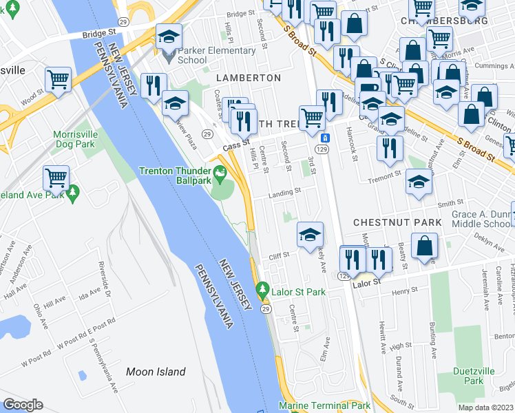 map of restaurants, bars, coffee shops, grocery stores, and more near 912 Lamberton Street in Trenton