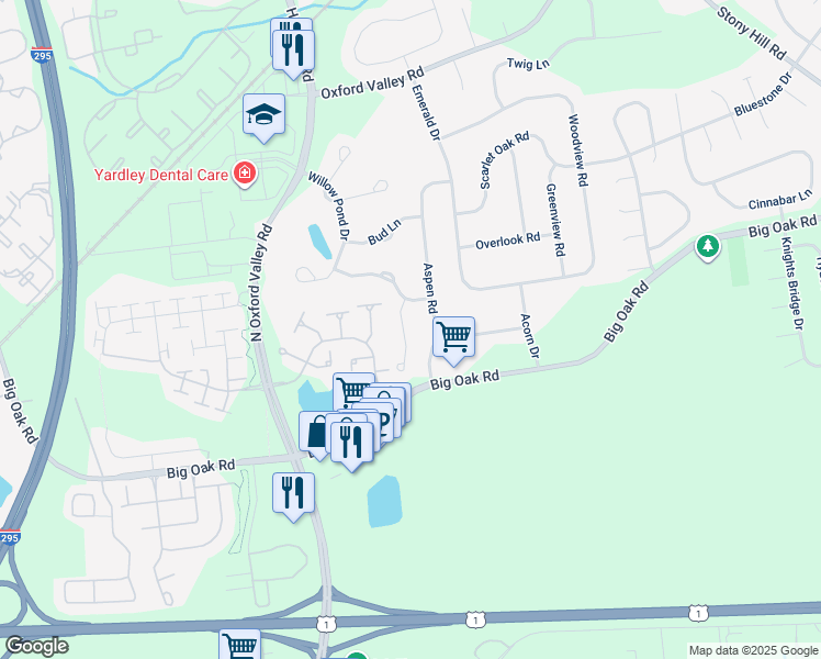 map of restaurants, bars, coffee shops, grocery stores, and more near 200 Wildflower Circle in Yardley
