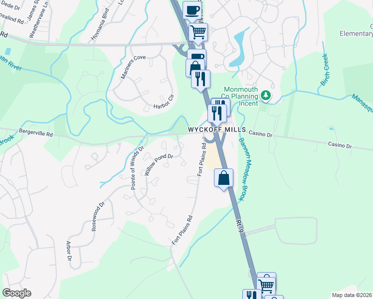 map of restaurants, bars, coffee shops, grocery stores, and more near 12 White Oak Court in Howell
