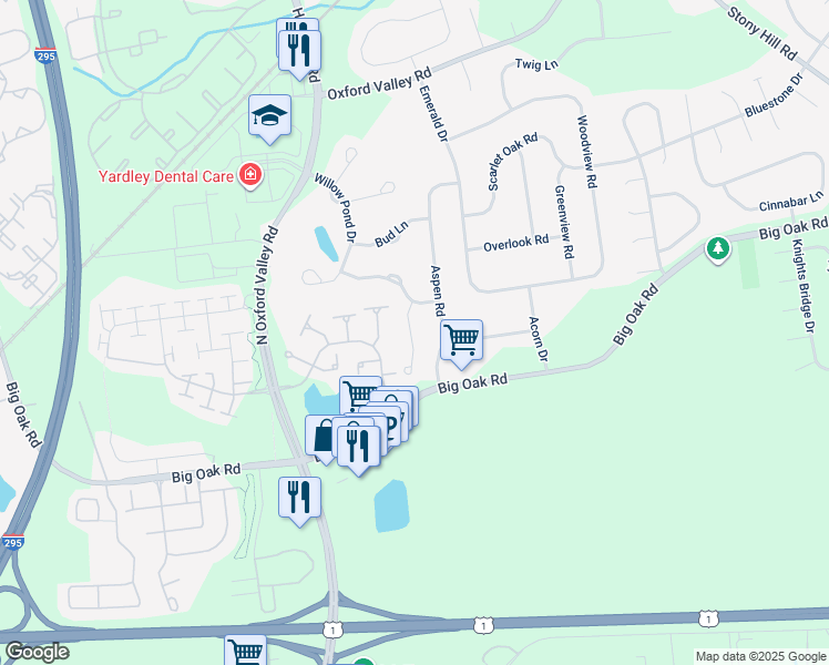 map of restaurants, bars, coffee shops, grocery stores, and more near 200 Wildflower Circle in Yardley