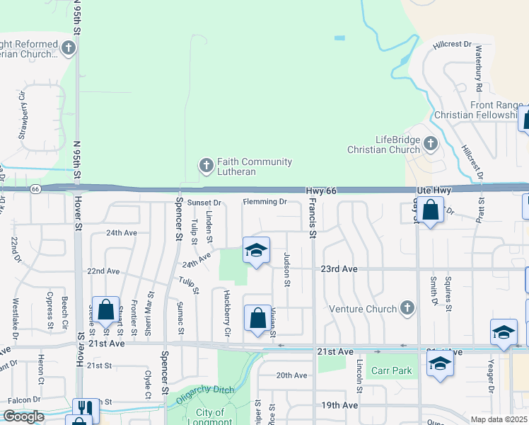 map of restaurants, bars, coffee shops, grocery stores, and more near 2401 Pennock Way in Longmont