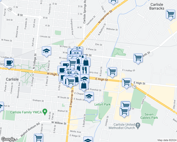 map of restaurants, bars, coffee shops, grocery stores, and more near 35 North Bedford Street in Carlisle