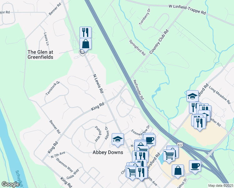 map of restaurants, bars, coffee shops, grocery stores, and more near 28 Country Club Road in Royersford