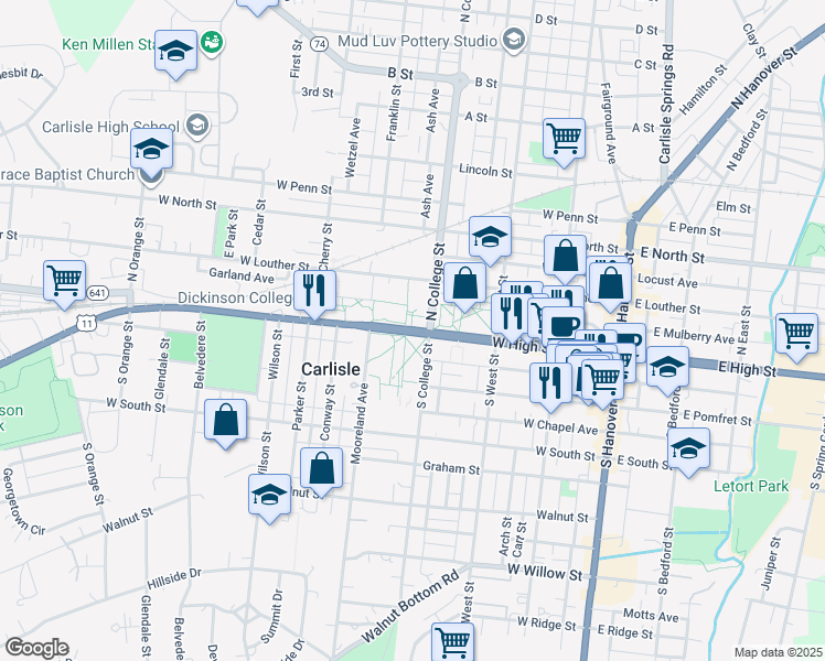 map of restaurants, bars, coffee shops, grocery stores, and more near 333 West High Street in Carlisle