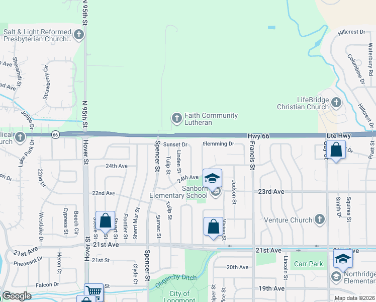 map of restaurants, bars, coffee shops, grocery stores, and more near 2424 Linden Street in Longmont