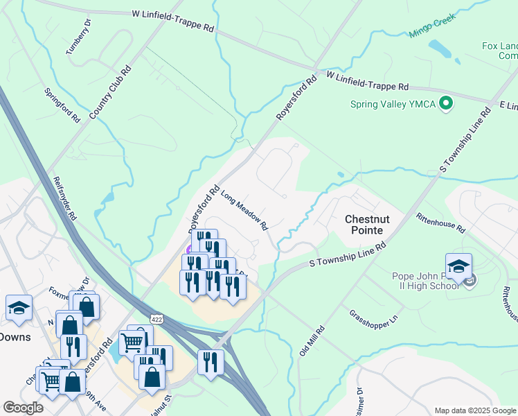 map of restaurants, bars, coffee shops, grocery stores, and more near 8 Buckley Circle in Royersford