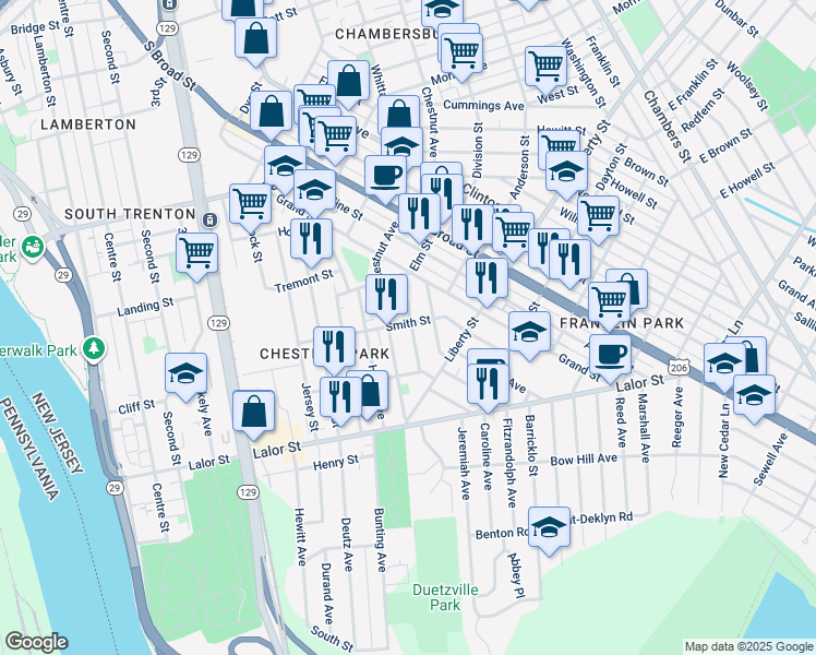 map of restaurants, bars, coffee shops, grocery stores, and more near 101 Barnt Avenue in Trenton