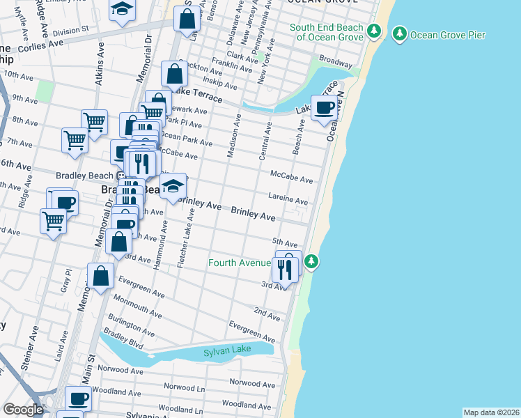 map of restaurants, bars, coffee shops, grocery stores, and more near 209 Brinley Avenue in Bradley Beach