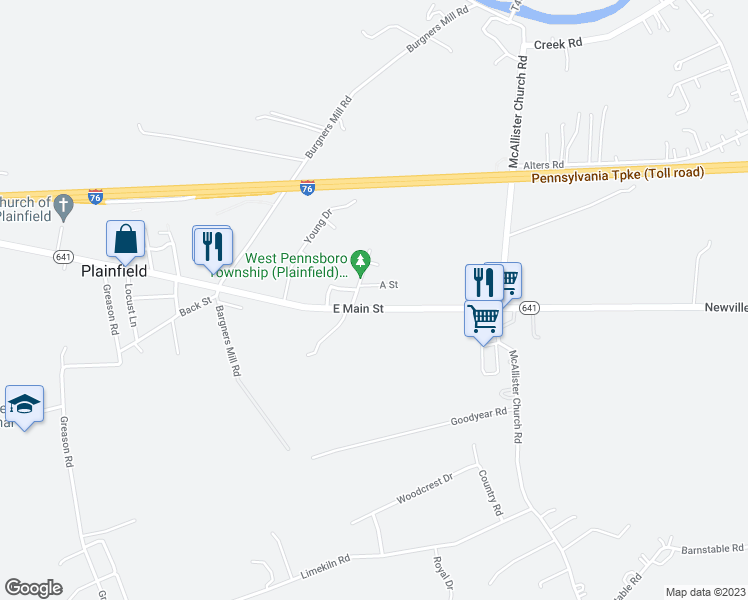 map of restaurants, bars, coffee shops, grocery stores, and more near 105 East Main Street in Carlisle