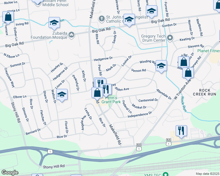map of restaurants, bars, coffee shops, grocery stores, and more near 115 Winding Way in Morrisville