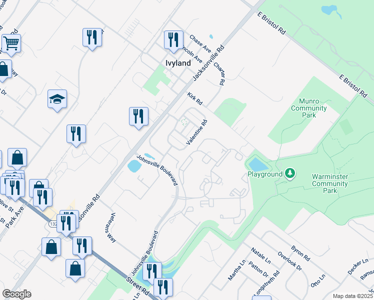 map of restaurants, bars, coffee shops, grocery stores, and more near 31 Valentine Road in Ivyland