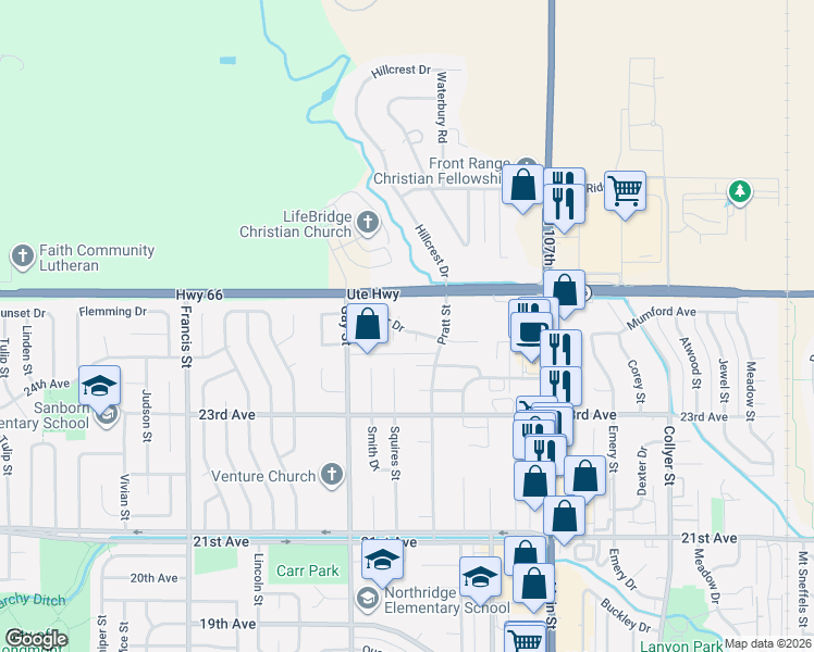 map of restaurants, bars, coffee shops, grocery stores, and more near 2405 Key Court in Longmont