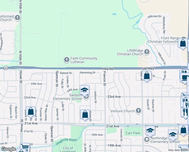 map of restaurants, bars, coffee shops, grocery stores, and more near 1536 24th Avenue in Longmont