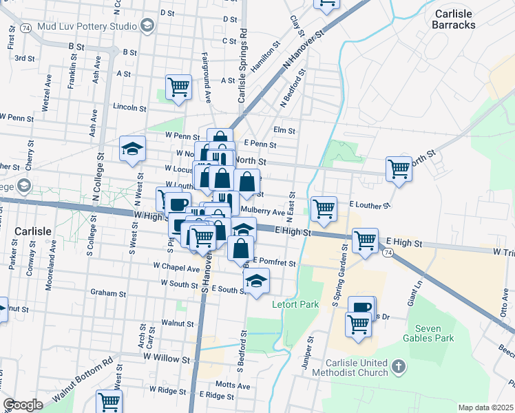 map of restaurants, bars, coffee shops, grocery stores, and more near 37 East High Street in Carlisle