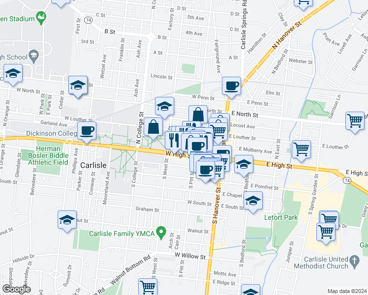 map of restaurants, bars, coffee shops, grocery stores, and more near 150 West High Street in Carlisle