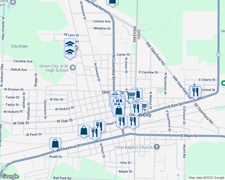 map of restaurants, bars, coffee shops, grocery stores, and more near 501 North Columbia Street in Union City