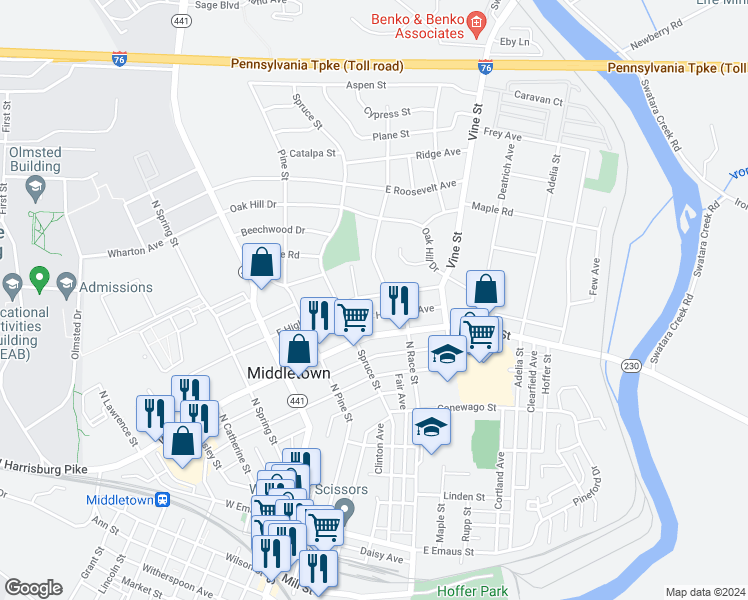 map of restaurants, bars, coffee shops, grocery stores, and more near 268 East High Street in Middletown