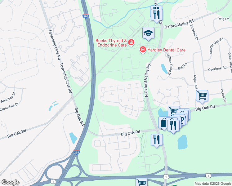 map of restaurants, bars, coffee shops, grocery stores, and more near 229 Regency Boulevard in Yardley