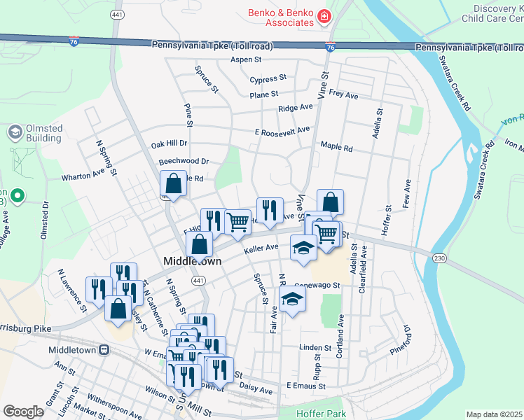 map of restaurants, bars, coffee shops, grocery stores, and more near 290 East High Street in Middletown