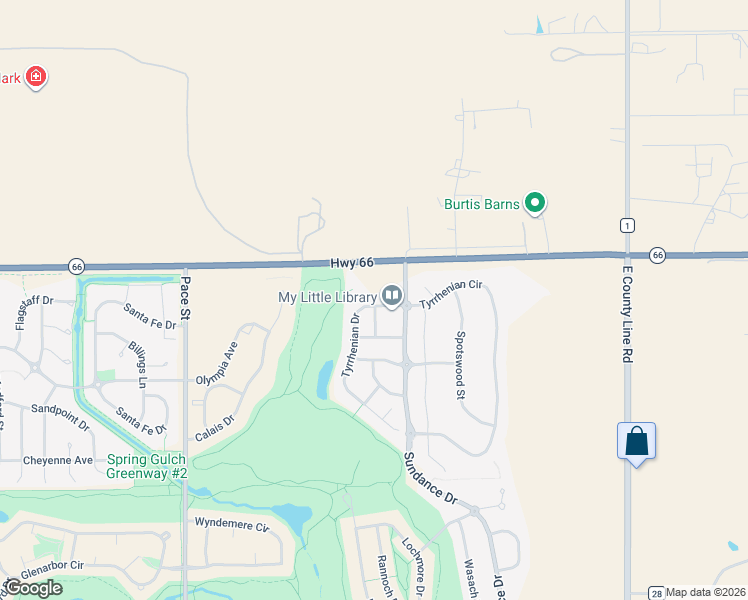 map of restaurants, bars, coffee shops, grocery stores, and more near 2424 Tyrrhenian Drive in Longmont