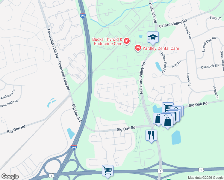 map of restaurants, bars, coffee shops, grocery stores, and more near 229 Regency Boulevard in Yardley