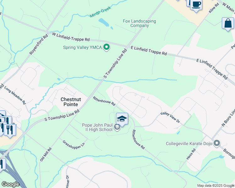 map of restaurants, bars, coffee shops, grocery stores, and more near 193 Fairfield Circle West in Royersford