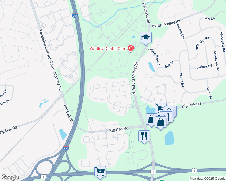 map of restaurants, bars, coffee shops, grocery stores, and more near 225 Zachary Way in Yardley