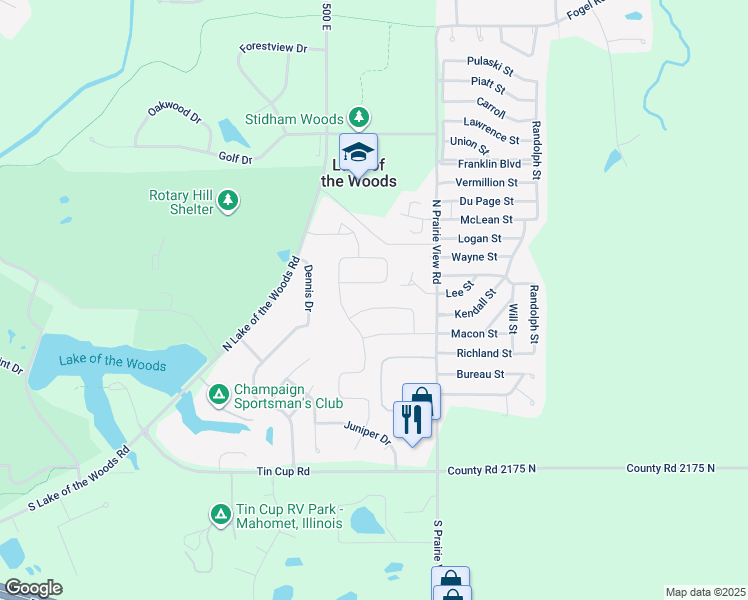 map of restaurants, bars, coffee shops, grocery stores, and more near 2010 Prairie Grass Lane in Mahomet