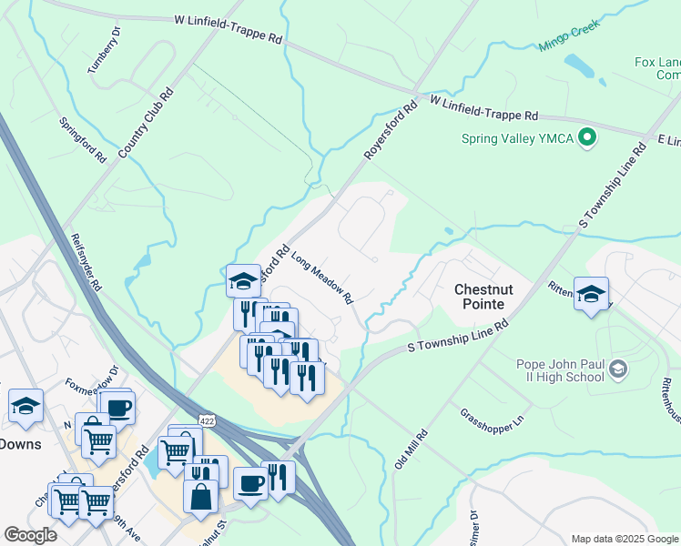map of restaurants, bars, coffee shops, grocery stores, and more near 8 Buckley Circle in Royersford