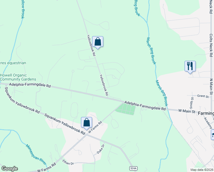 map of restaurants, bars, coffee shops, grocery stores, and more near 171 Yellowbrook Road in Farmingdale