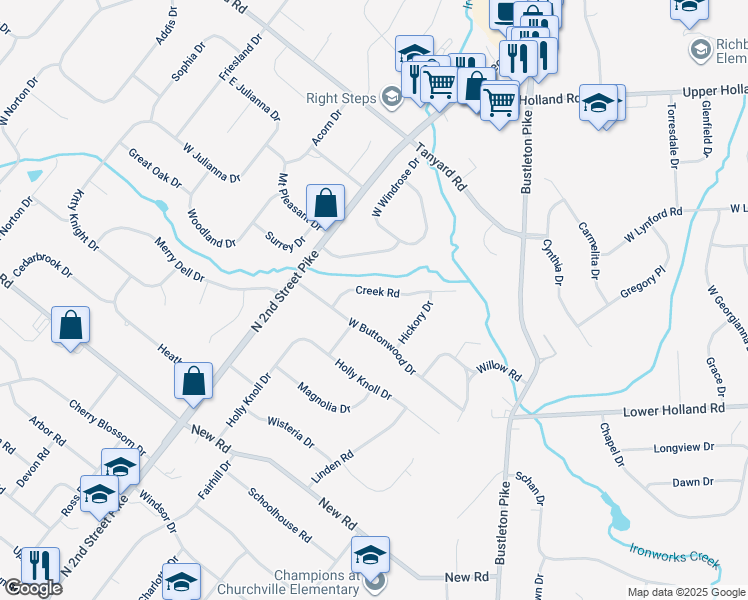 map of restaurants, bars, coffee shops, grocery stores, and more near 47 Creek Road in Bucks County