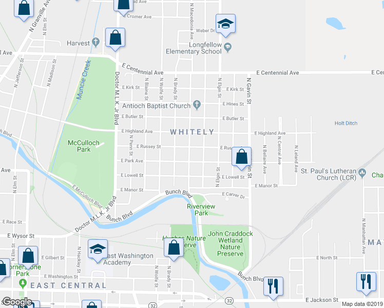 map of restaurants, bars, coffee shops, grocery stores, and more near 1010 North Macedonia Avenue in Muncie