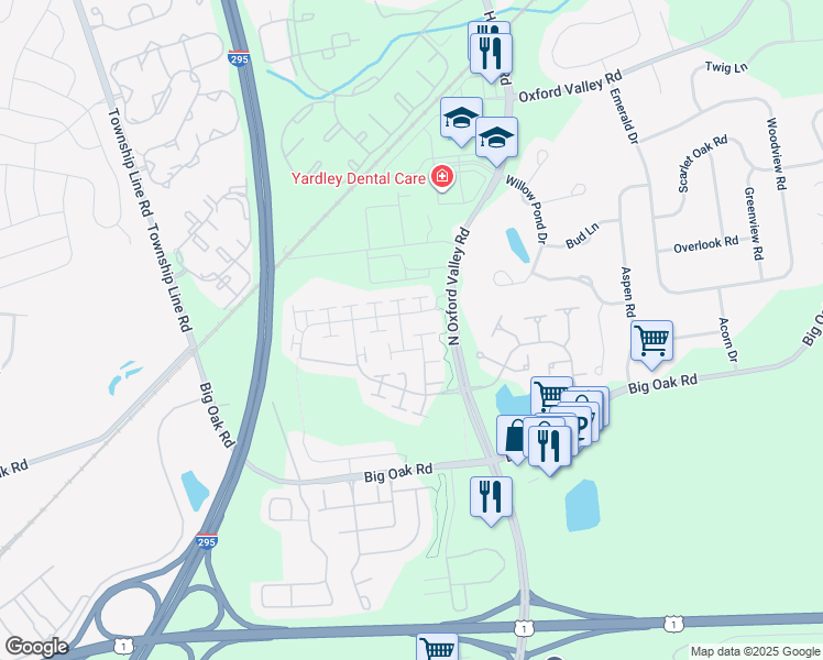 map of restaurants, bars, coffee shops, grocery stores, and more near 1682 Coolidge Way in Yardley