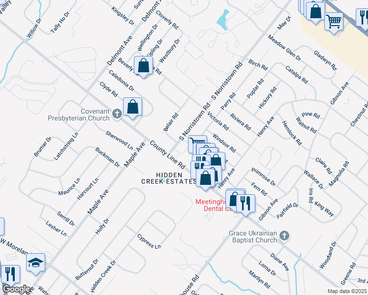 map of restaurants, bars, coffee shops, grocery stores, and more near 45 South Norristown Road in Warminster