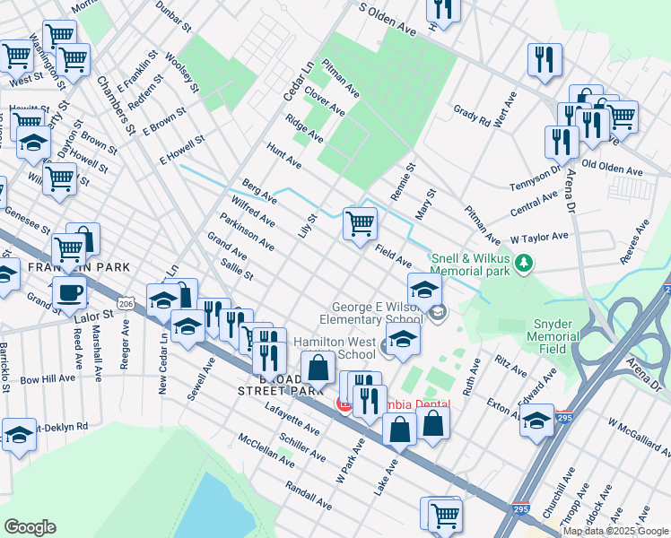 map of restaurants, bars, coffee shops, grocery stores, and more near 323 Wilfred Avenue in Hamilton Township