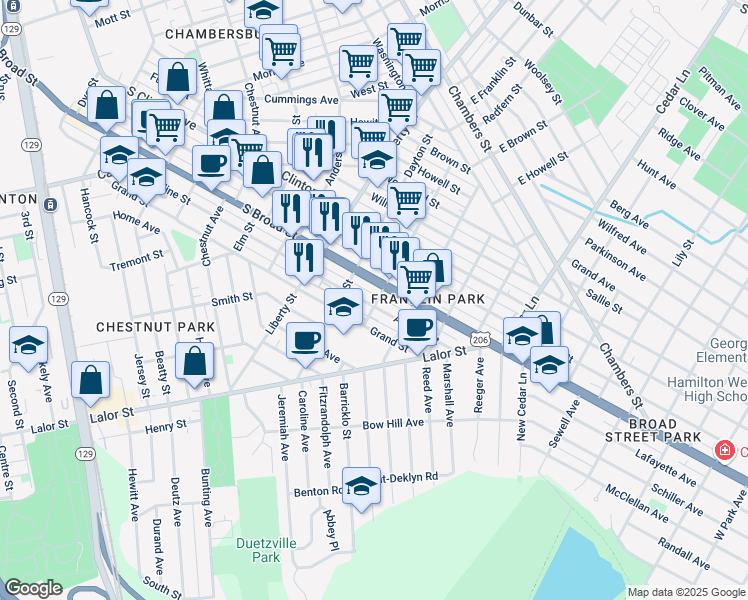 map of restaurants, bars, coffee shops, grocery stores, and more near 932 Adeline Street in Trenton